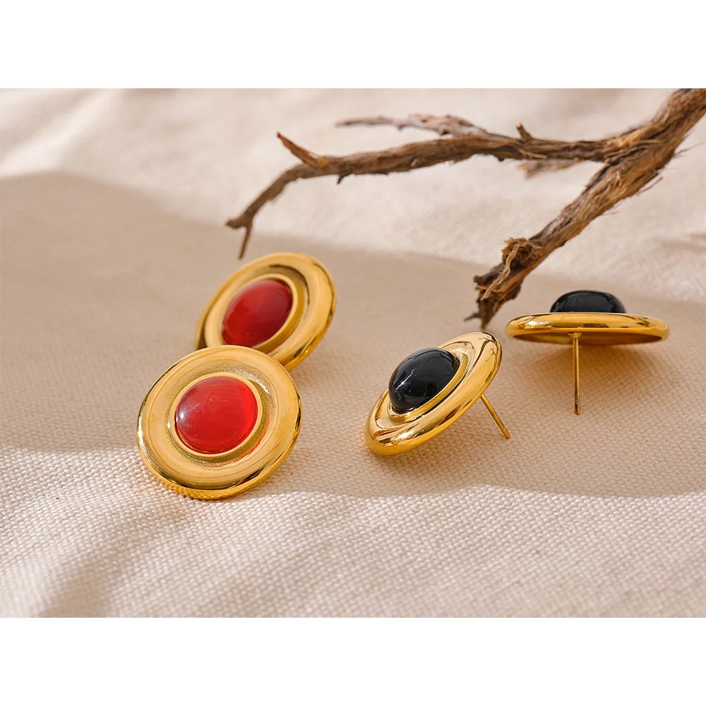Yhpup Red Black Natural Stone Stainless Steel Round Stud Earrings for Women Gold Color Fashion Statement Jewelry Waterproof Gift