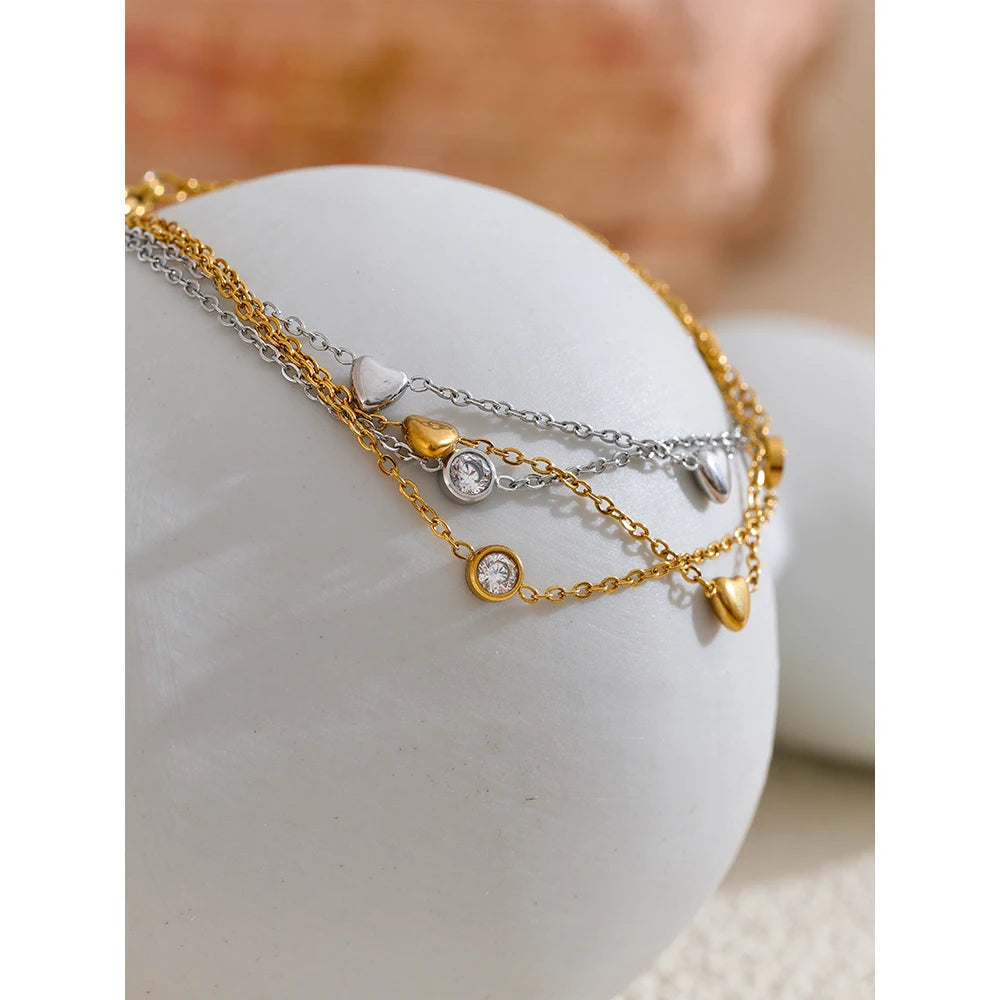 Yhpup Delicate Chain Heart Zircon Double Layer Stacking Bracelet Bangle Chic Summer Stainless Steel Waterproof Jewelry Gift