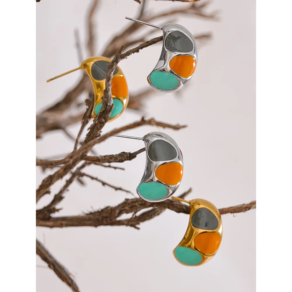 Yhpup Colorful Enamel Stainless Steel Half Empty Metal Fat Stud Earrings Waterproof Fashion Charm Jewelry Bijoux for Women