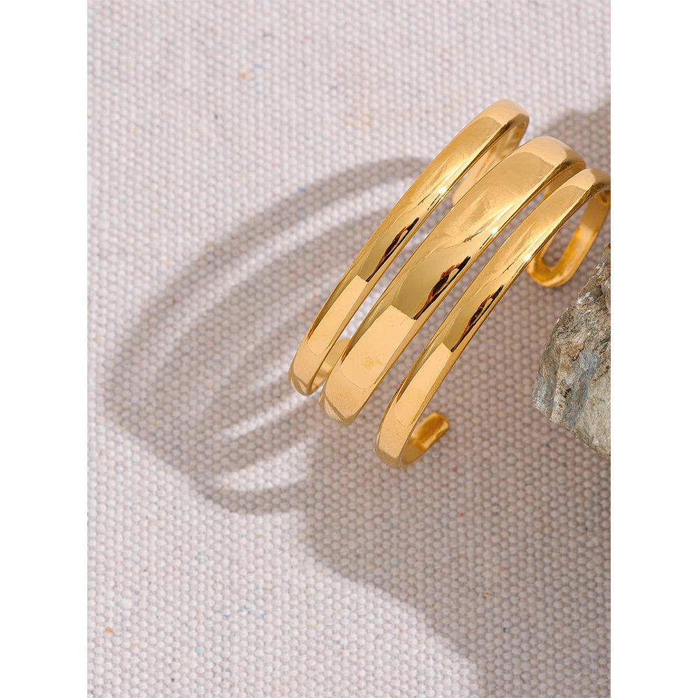 Yhpup Stainless Steel Statement Gold Color Cuff Bracelet Bangle Metal Texture Multi-Layer Temperament Fashion Waterproof Jewelry