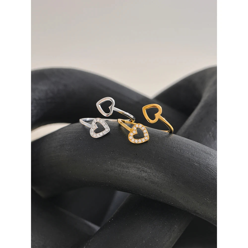 Yhpup Gold & Platinum PVD Plated Stainless Steel Open Adjustable Ring Heart Hollow Fashion Chic Finger Accessories for Women