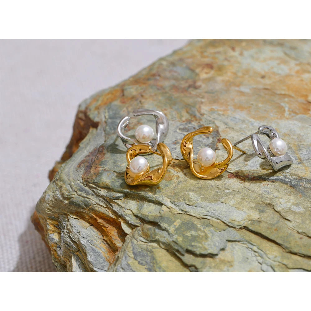 Yhpup Minimalist Stainless Steel Geometric Imitation Pearls Daily Stud Earrings Women 18K PVD Plated Korean Fashion Jewelry Gift