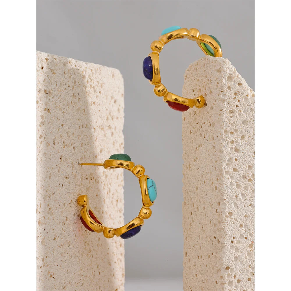 Yhpup 316l Stainless Steel Natural Stone Vintage Colorful Hoop Earrings PVD 18k Plated High Quality Fashion Jewelry for Women