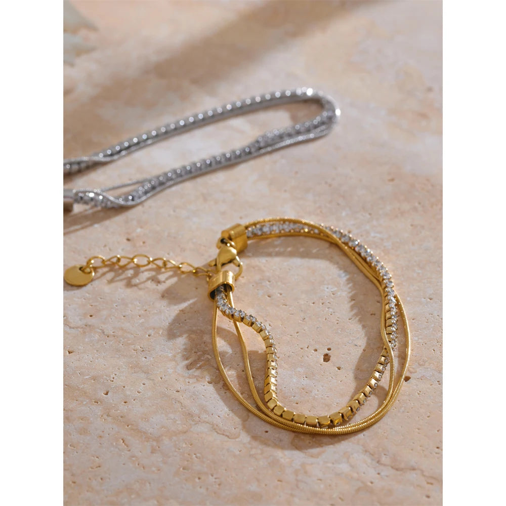 Yhpup Stainless Steel Shiny Cubic Zirconia Layered Chain Stacking Bracelet Bangle Waterproof Women High Quality Fashion Jewelry