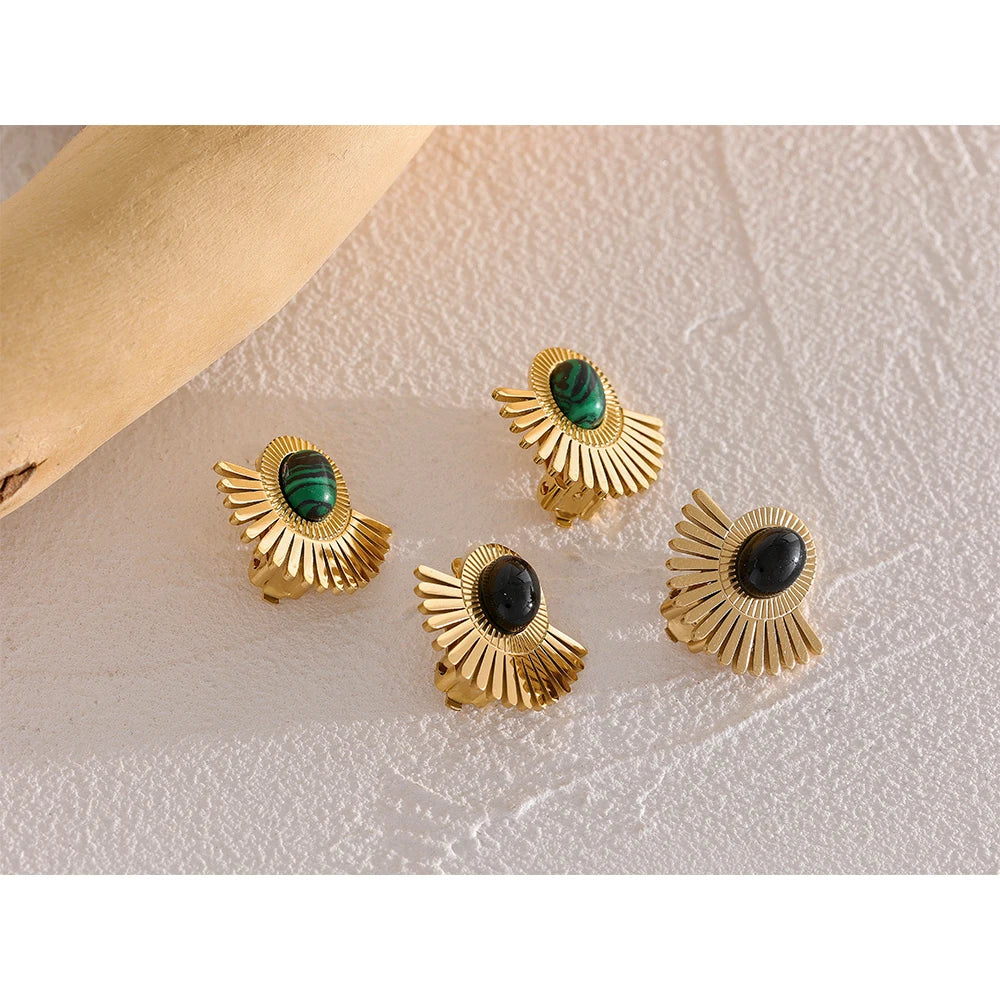 Yhpup Stainless Steel Black Stone Ear Clip Earrings Statement Golden Metal Sun Flower Earrings for Women Bijoux Femme Gala Gift