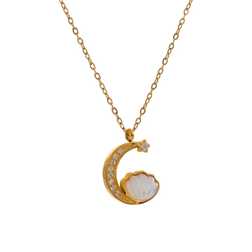Yhpup Zirconia Natural Shell Moon Drop Delicate Necklace 18K PVD Plated Chain Stainless Steel Premium Jewelry Gift