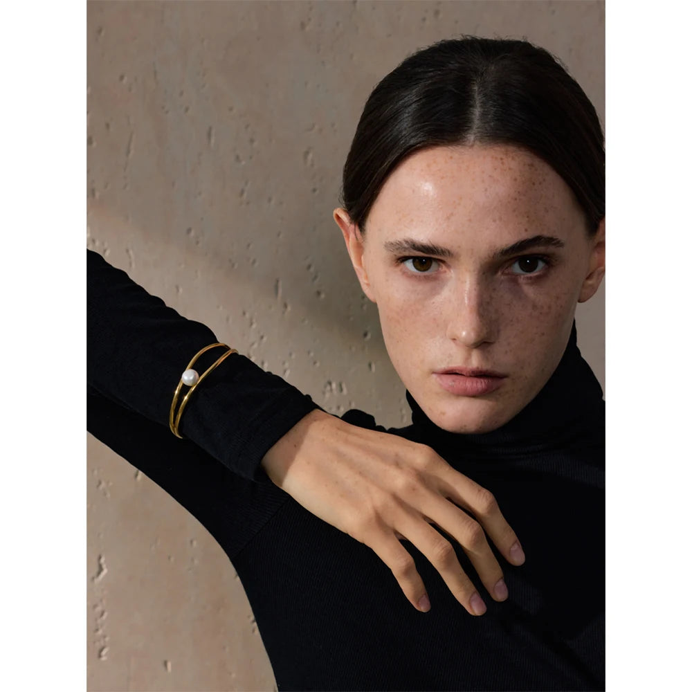 Yhpup New Stainless Steel Smooth Pearl Hollow Open Stylish Bracelet Bangle Minimalist Charm Fashion Wrist Jewelry for Women
