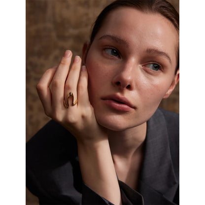 Yhpup Rust Proof Stainless Steel Metal U Shape Fashion Minimalist Adjustable Ring Fashion Jewelry Accessories Real Gold Plated
