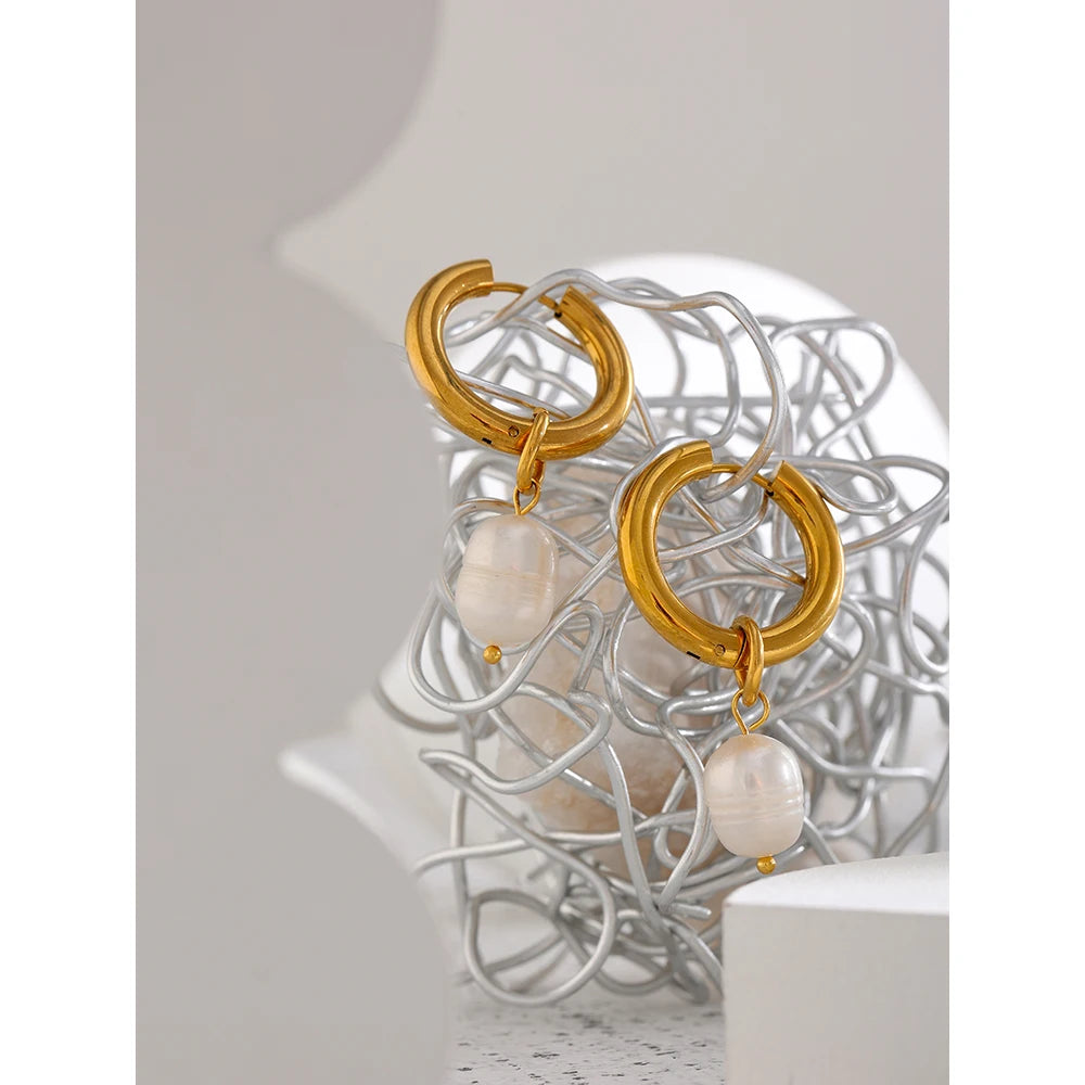 Yhpup 316L Stainless Steel Natural Pearl Hoop Earrings Trendy Metalic Golden Geometric Jewelry Accessories серьги женские New