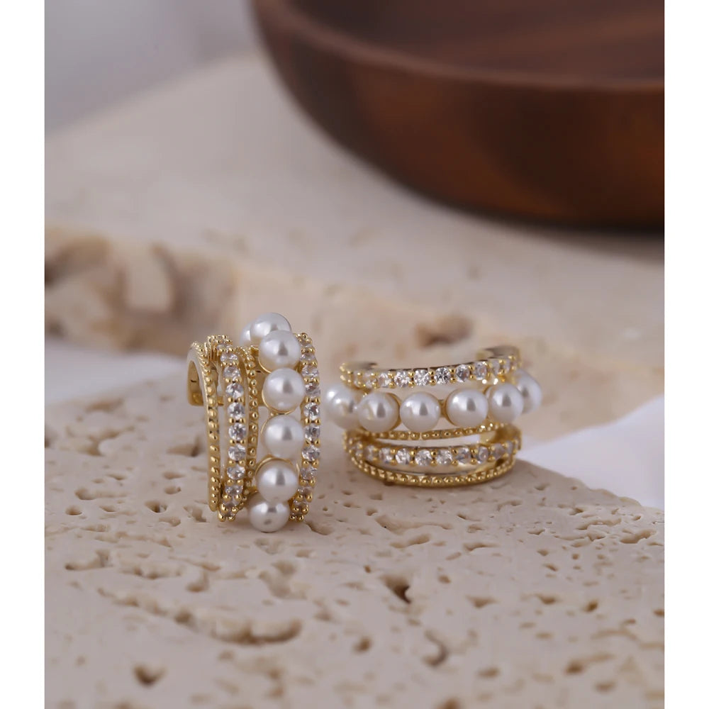 Yhpup Stylish Imitation Pearls Geometric Stud Earrings Exquisite High Quality Cubic Zirconia Temperament Jewelry for Women