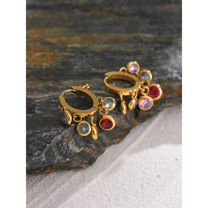 Yhpup Stainless Steel Colorful Cubic Zirconia Hoop Earrings for Women Exquisite Fashion Metal Texture Geometric Earrings Gift