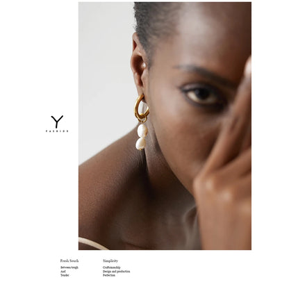 Yhpup Stainless Steel Natural Pearl Hoop Earrings Charm Metal Texture Geometric Fashion Jewelry украшения бижутерия Gift