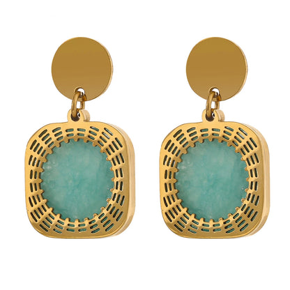 Yhpup Trendy Stainless Steel Green Natural Stone Dangle Earrings Chic 18 K Metal Square Earrings for Women Party Office Gift