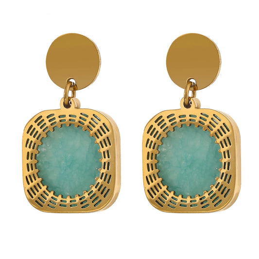 Yhpup Trendy Stainless Steel Green Natural Stone Dangle Earrings Chic 18 K Metal Square Earrings for Women Party Office Gift