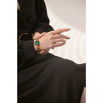 Yhpup Green Crystal Stainless Steel Gold Bracelets Bangle for Women Hip Hop Thick Chain18 K Plated Punk Fashion Bracelets New