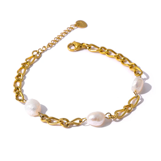 Yhpup Elegant Natural Pearl Chain Bracelet Stainless Steel Fashion Jewelry Exquisite 18 K Metal Women Accessories Waterproof