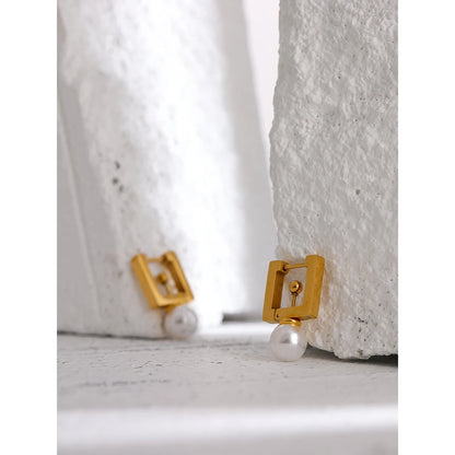 Yhpup 316L Stainless Steel Square Hoop Earrings Elegant Imitation Pearls Women Jewelry Trendy Metal 18 K Unusual Earrings Gift