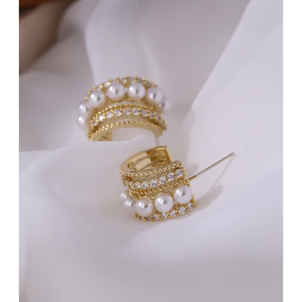 Yhpup Stylish Imitation Pearls Geometric Stud Earrings Exquisite High Quality Cubic Zirconia Temperament Jewelry for Women