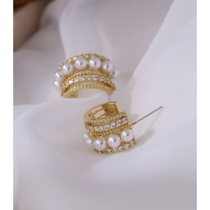 Yhpup Stylish Imitation Pearls Geometric Stud Earrings Exquisite High Quality Cubic Zirconia Temperament Jewelry for Women
