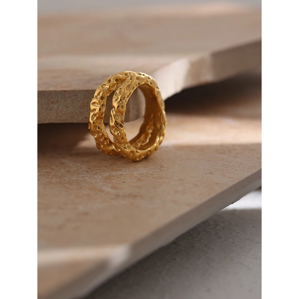 Yhpup Stainless Steel Round Rings For Women Gold Texture Metal 18 K Plated Statement Trendy Jewelry Bagues Pour Femme Gift