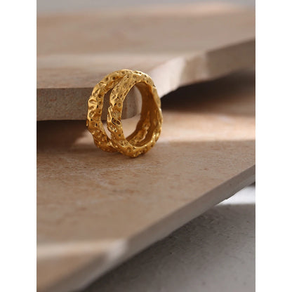 Yhpup Stainless Steel Round Rings For Women Gold Texture Metal 18 K Plated Statement Trendy Jewelry Bagues Pour Femme Gift
