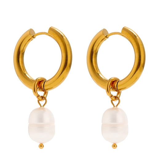 Yhpup 316L Stainless Steel Natural Pearl Hoop Earrings Trendy Metalic Golden Geometric Jewelry Accessories серьги женские New