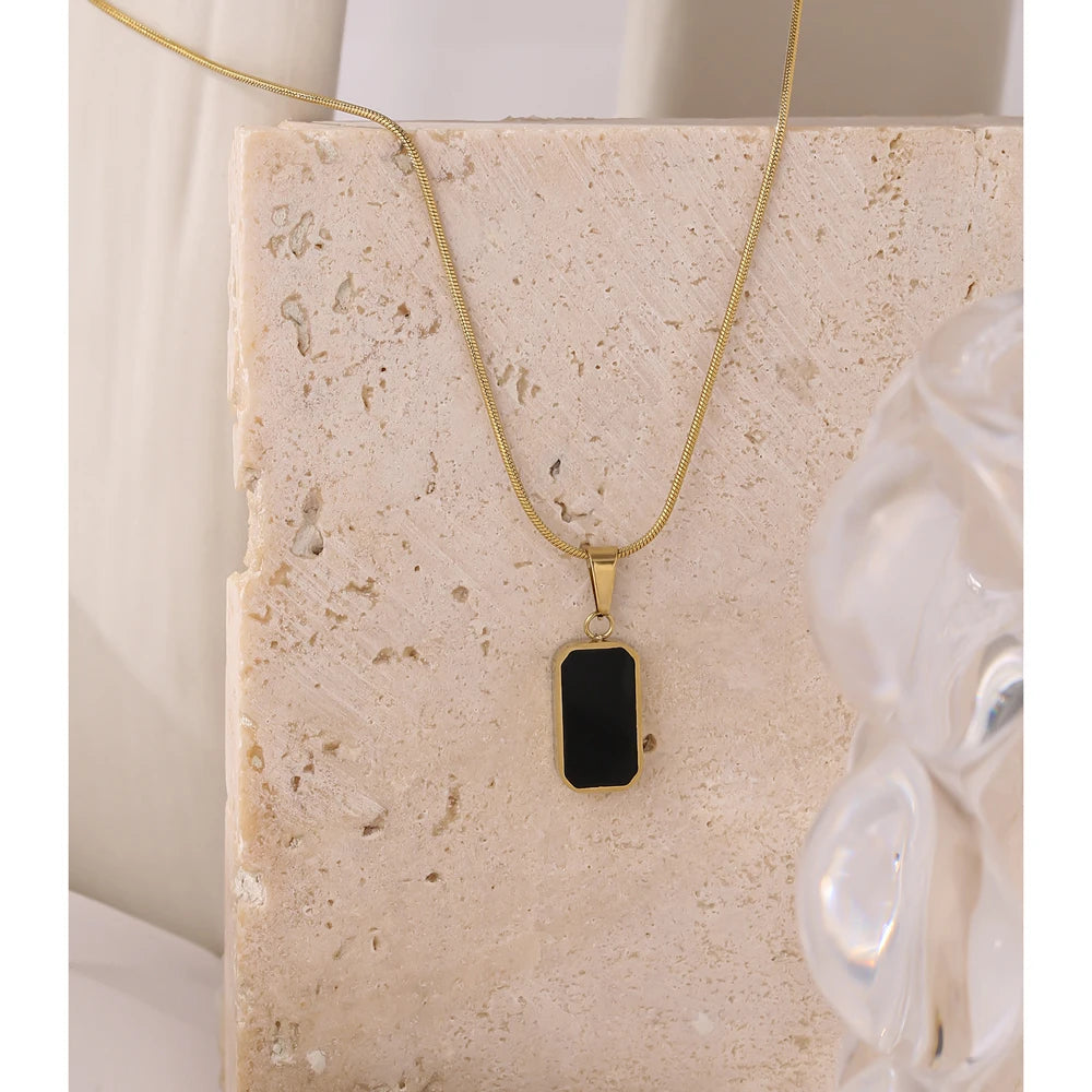 Yhpup Double-Sided Black White Enamel Natural Shell Pendant Necklace for Women Stainless Steel Metal Choker Temperament Gift