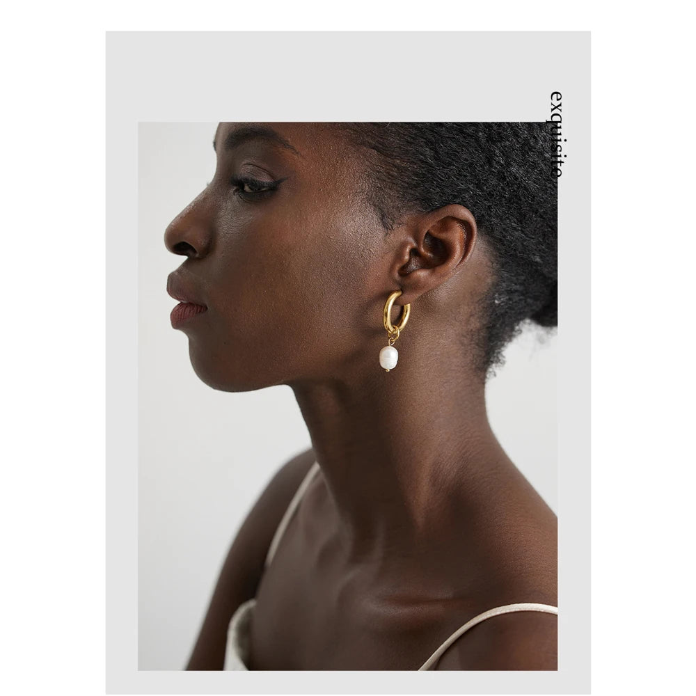 Yhpup 316L Stainless Steel Natural Pearl Hoop Earrings Trendy Metalic Golden Geometric Jewelry Accessories серьги женские New