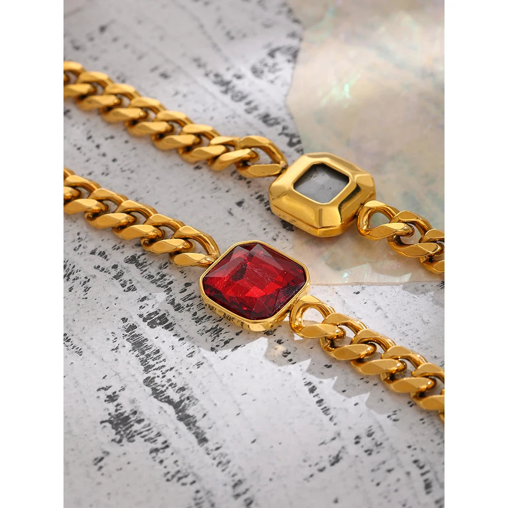 Yhpup Stainless Steel Red Cubic Zirconia Chain Bangle Bracelet for Women Heavy Metal Golden 18 K Bracelet Bijoux Femme Gift