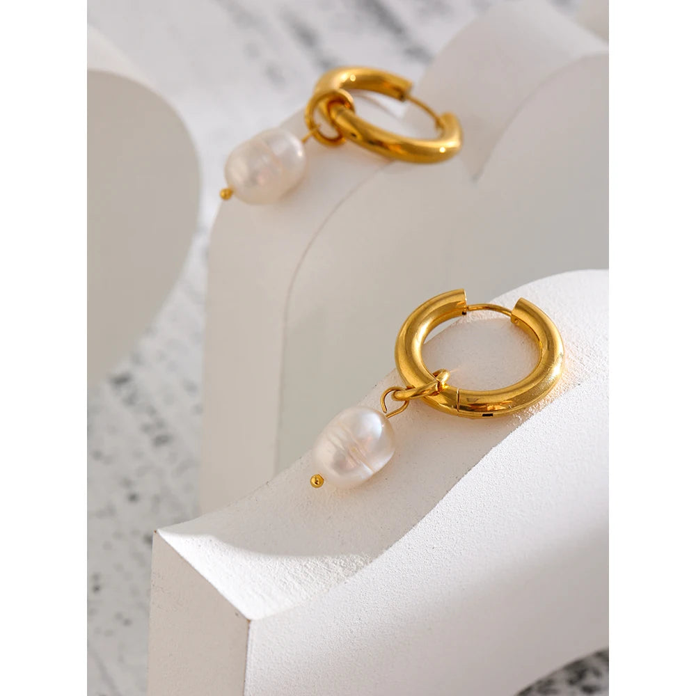 Yhpup 316L Stainless Steel Natural Pearl Hoop Earrings Trendy Metalic Golden Geometric Jewelry Accessories серьги женские New
