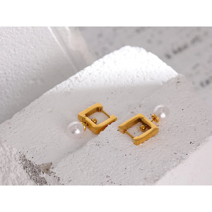 Yhpup 316L Stainless Steel Square Hoop Earrings Elegant Imitation Pearls Women Jewelry Trendy Metal 18 K Unusual Earrings Gift