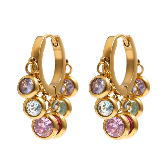 Yhpup Stainless Steel Colorful Cubic Zirconia Hoop Earrings for Women Exquisite Fashion Metal Texture Geometric Earrings Gift