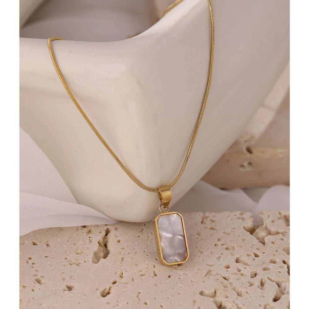 Yhpup Double-Sided Black White Enamel Natural Shell Pendant Necklace for Women Stainless Steel Metal Choker Temperament Gift