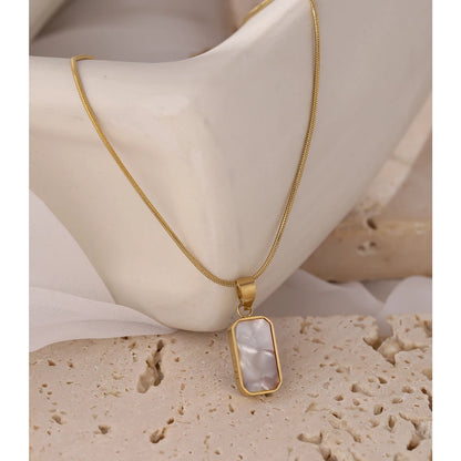 Yhpup Double-Sided Black White Enamel Natural Shell Pendant Necklace for Women Stainless Steel Metal Choker Temperament Gift