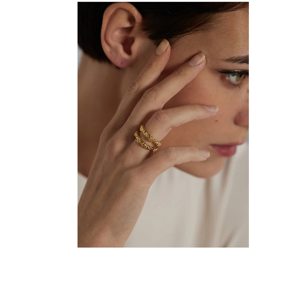 Yhpup Stainless Steel Round Rings For Women Gold Texture Metal 18 K Plated Statement Trendy Jewelry Bagues Pour Femme Gift