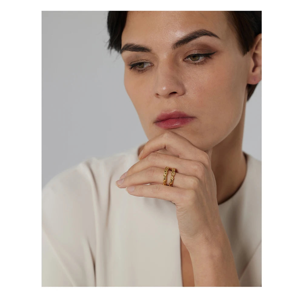 Yhpup Stainless Steel Round Rings For Women Gold Texture Metal 18 K Plated Statement Trendy Jewelry Bagues Pour Femme Gift