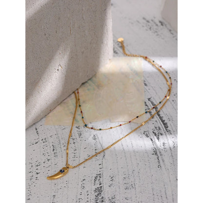Yhpup Stainless Steel Horns Pendant Necklace Exquisite Colorful Enamel Double Layered Temperament Jewelry Collar Party Gift