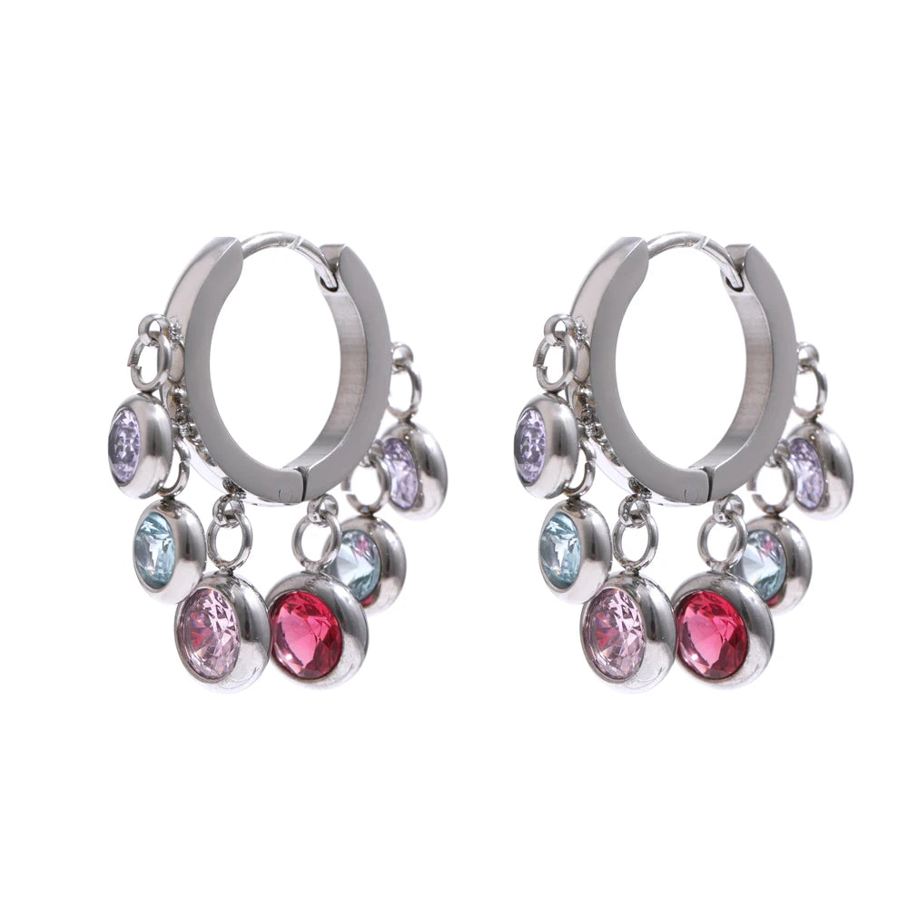 Yhpup Stainless Steel Colorful Cubic Zirconia Hoop Earrings for Women Exquisite Fashion Metal Texture Geometric Earrings Gift