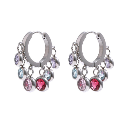 Yhpup Stainless Steel Colorful Cubic Zirconia Hoop Earrings for Women Exquisite Fashion Metal Texture Geometric Earrings Gift