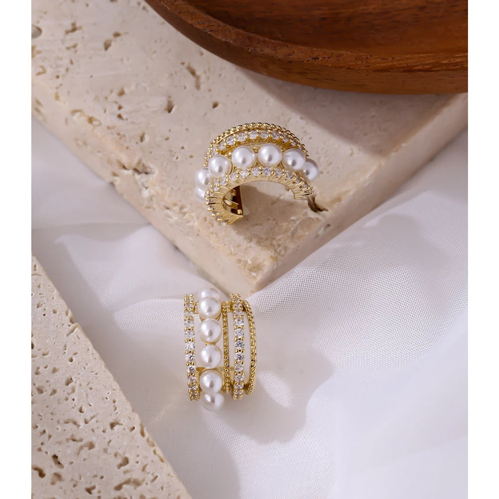 Yhpup Stylish Imitation Pearls Geometric Stud Earrings Exquisite High Quality Cubic Zirconia Temperament Jewelry for Women
