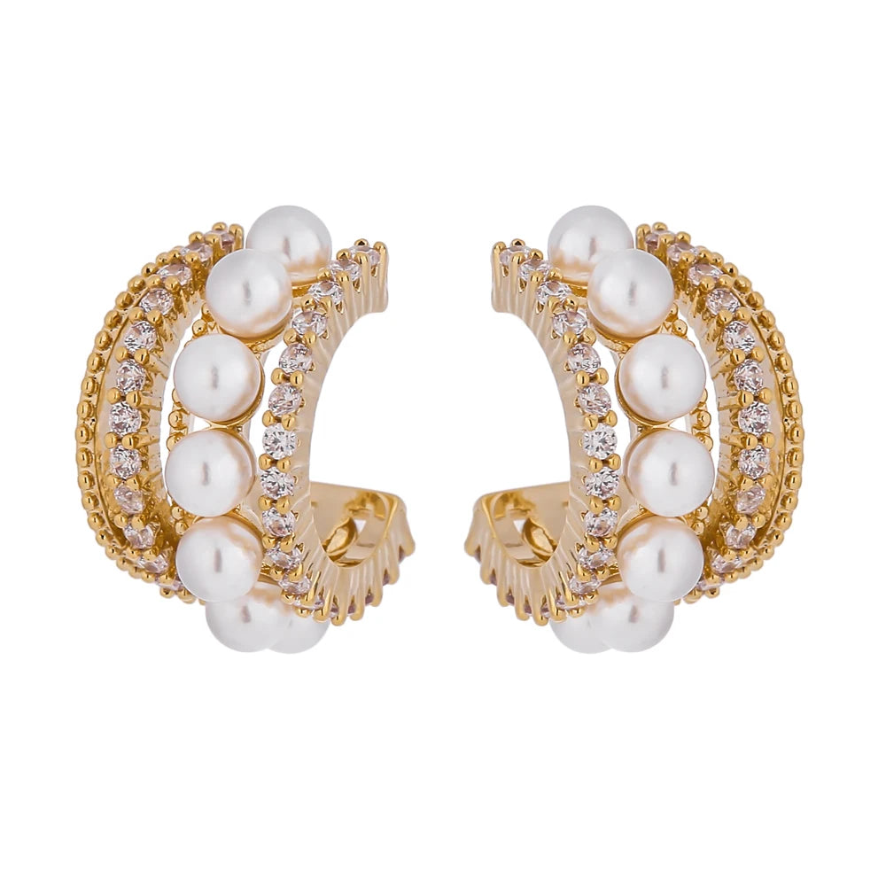 Yhpup Stylish Imitation Pearls Geometric Stud Earrings Exquisite High Quality Cubic Zirconia Temperament Jewelry for Women