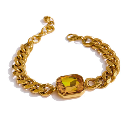 Yhpup Green Crystal Stainless Steel Gold Bracelets Bangle for Women Hip Hop Thick Chain18 K Plated Punk Fashion Bracelets New