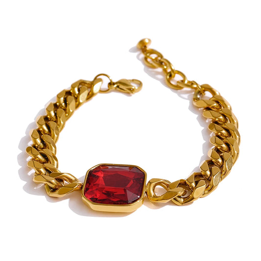 Yhpup Stainless Steel Red Cubic Zirconia Chain Bangle Bracelet for Women Heavy Metal Golden 18 K Bracelet Bijoux Femme Gift