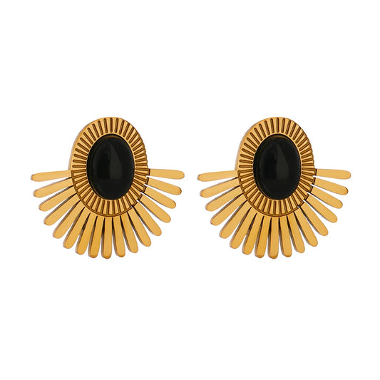 Yhpup Stainless Steel Black Stone Ear Clip Earrings Statement Golden Metal Sun Flower Earrings for Women Bijoux Femme Gala Gift