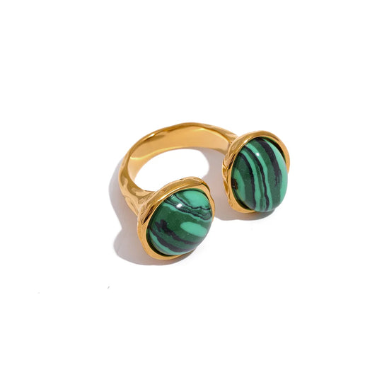 Yhpup Size 7 Vintage France Natural Stone Stainless Steel Cast Geometric Big Ring Women Fashion Charm Golden Personality Jewelry