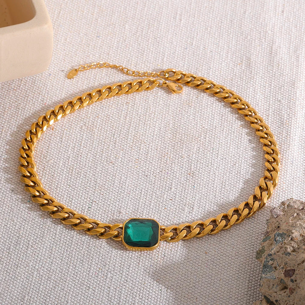Yhpup Hyperbolic Gold Color Thick Cuban Chain Green Crystal Metal Texture Stainless Steel Statement Necklace Fashion Jewelry