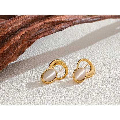 Yhpup Fashion Natural Stone Golden Stud Earrings for Women Stainless Steel Versatile Daily Korean Waterproof Jewelry Bijoux