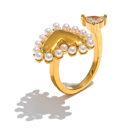 Yhpup Fashion Imitation Pearls CZ Heart Love Open Golen Ring Water Resistant Stainless Steel Elegant Premium Jewelry Gift