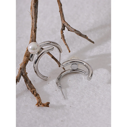 Yhpup Trendy Imitation Pearls Stainless Steel Geometric Huggie Earrings Korean Temperament Anti Allergic Versatile Jewelry New