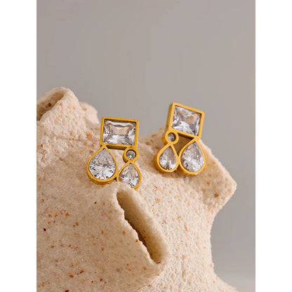 Yhpup Shiny Cubic Zirconia Square Water Drop Teardrop Stud Earrings 316L Stainless Steel CZ Golden Premium Jewelry Gift